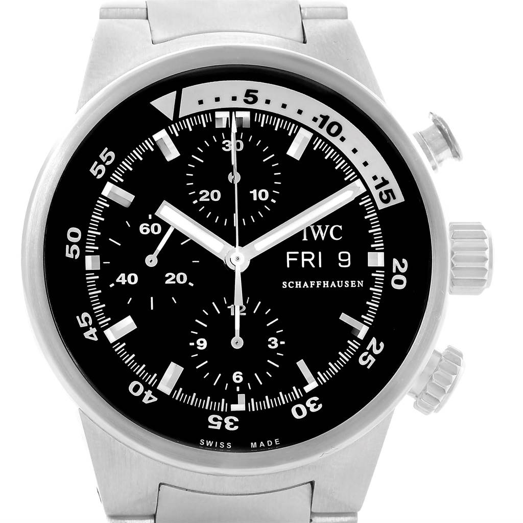 The IWC Aquatimer IW371928 Men's Stainless Steel Black Dial IW371928 Men's Stainless Steel Black Dial watch is shown from the front, displaying its black dial, chronograph subdials, and stainless steel case with crown and pushers.