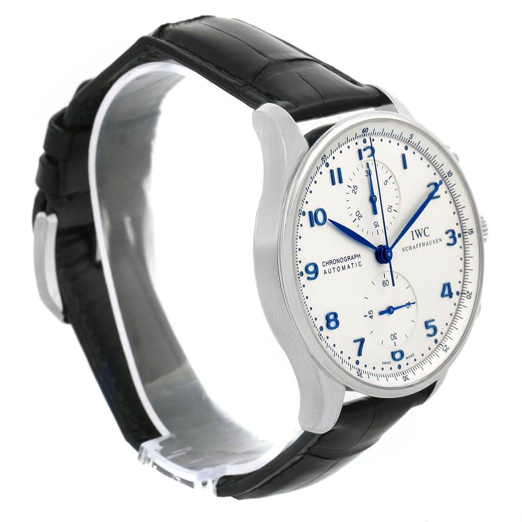 The image shows an IWC Portuguese IW371417 Men's Stainless Steel Silver Dial IW371417 Men's Stainless Steel Silver Dial model watch from a side angle, highlighting its dial, case, and black leather strap.