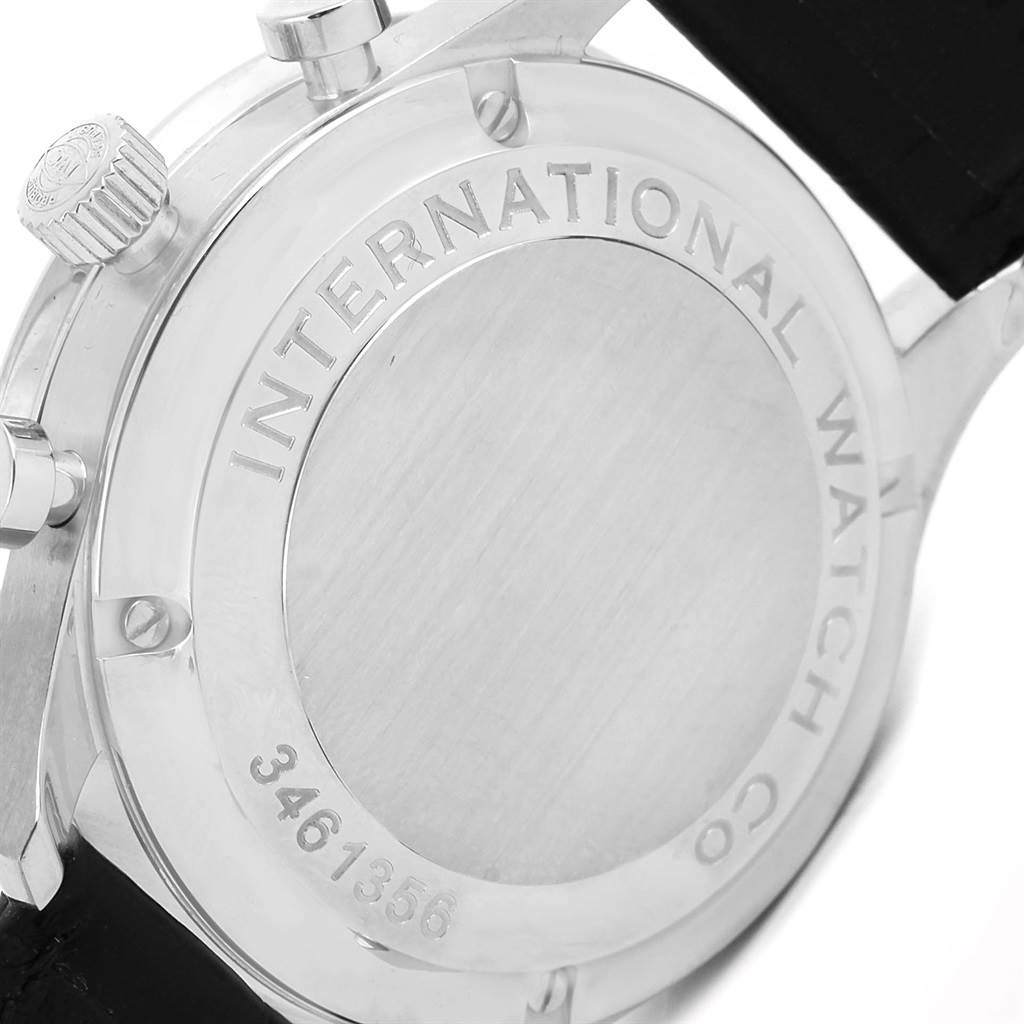 The image shows the back case and side view of an IWC Portuguese IW371417 Men's Stainless Steel Silver Dial IW371417 Men's Stainless Steel Silver Dial model watch, highlighting the crown and case back.