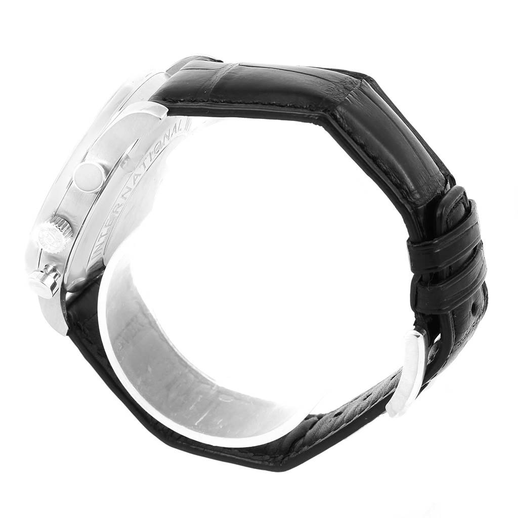 The image shows a side view of the case and black leather strap of the IWC Portuguese IW371417 Men's Stainless Steel Silver Dial IW371417 Men's Stainless Steel Silver Dial watch.