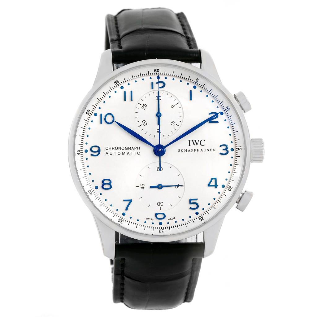 The image shows the IWC Portuguese IW371417 Men's Stainless Steel Silver Dial IW371417 Men's Stainless Steel Silver Dial Chronograph watch from a front angle, featuring the dial, hands, subdials, and black leather strap.