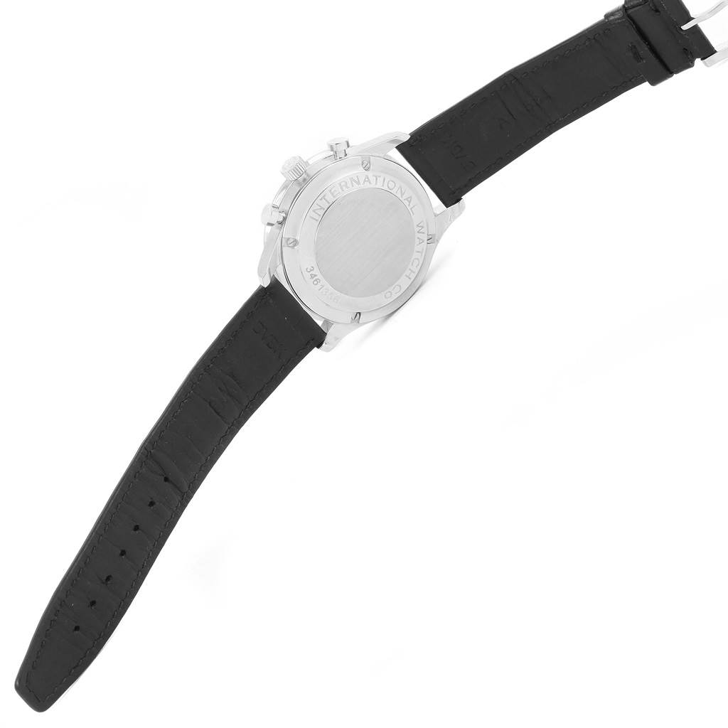 The image shows the back view of an IWC Portuguese IW371417 Men's Stainless Steel Silver Dial IW371417 Men's Stainless Steel Silver Dial watch, highlighting its case back and black leather strap.