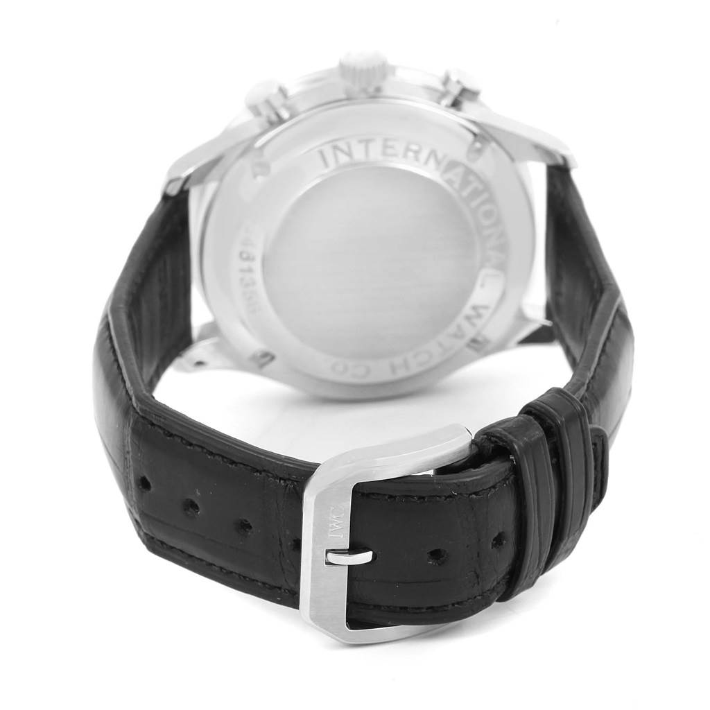 The image shows the back case and leather strap of an IWC Portuguese IW371417 Men's Stainless Steel Silver Dial IW371417 Men's Stainless Steel Silver Dial model watch.