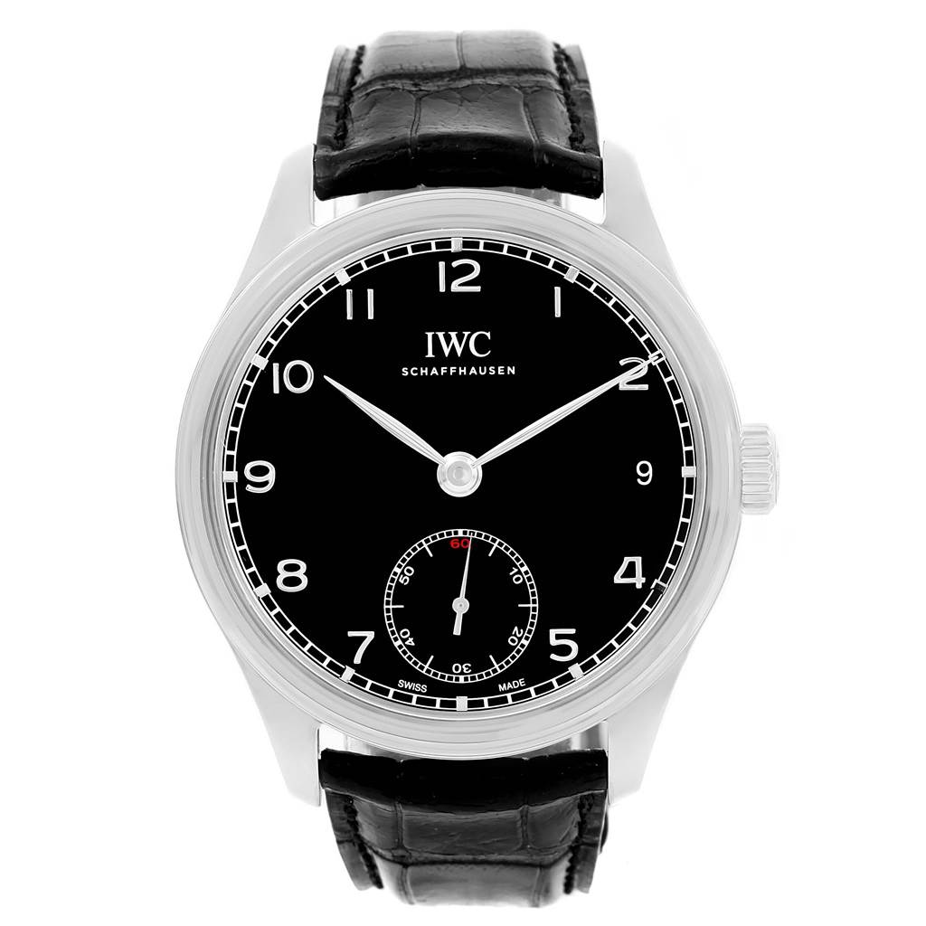 The image shows a front view of the IWC Portuguese IW510202 Men's Stainless Steel Black Dial IW510202 Men's Stainless Steel Black Dial model watch, displaying its black dial, Arabic numerals, and leather strap.