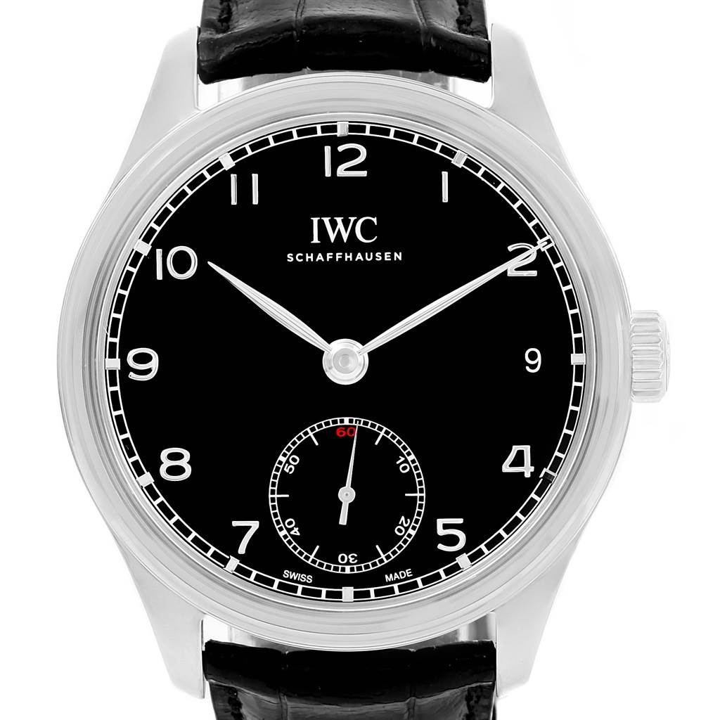 This image shows a front view of the IWC Portuguese IW510202 Men's Stainless Steel Black Dial IW510202 Men's Stainless Steel Black Dial model watch, featuring its dial, hands, and crown.