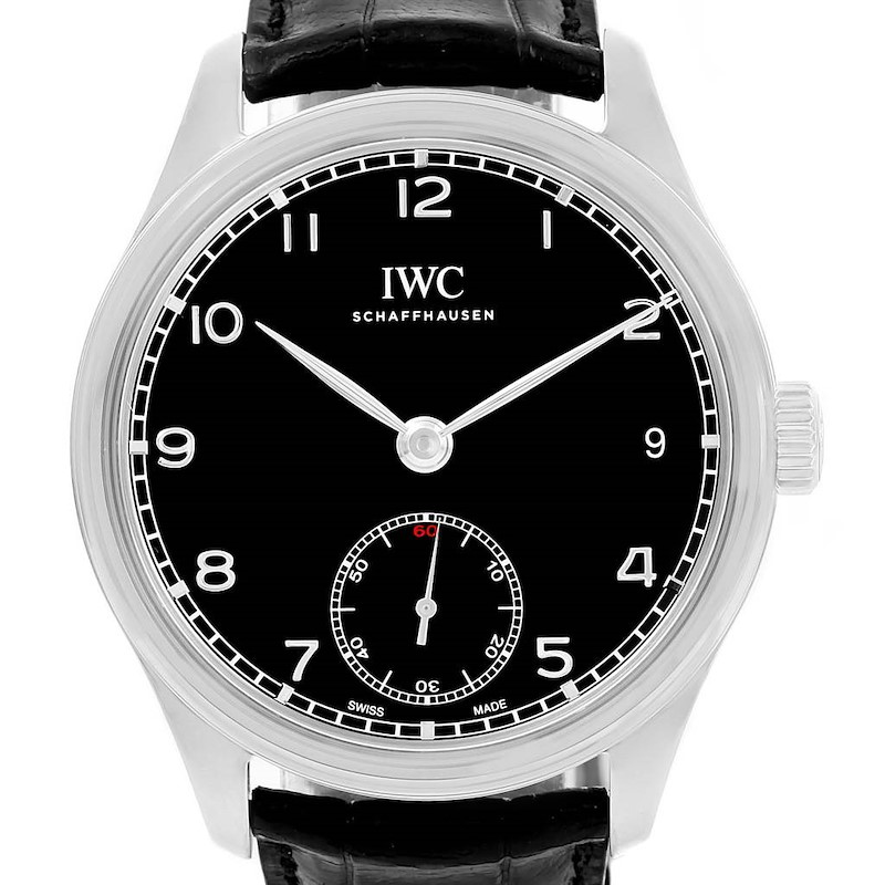 IWC Portuguese Hand Wound 8 Days Black Dial Mens Watch IW510202 Unworn SwissWatchExpo