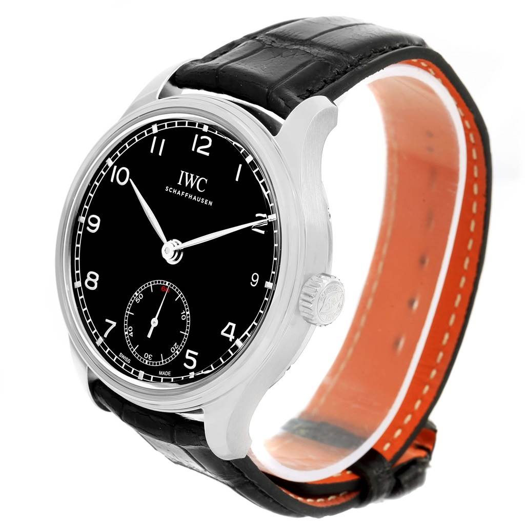 This is an angled view of an IWC Portuguese IW510202 Men's Stainless Steel Black Dial IW510202 Men's Stainless Steel Black Dial model watch, showing the face, case, crown, and strap.