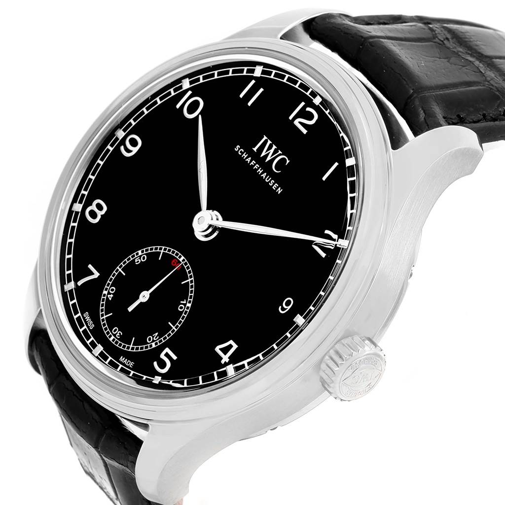 This image shows a side angle of the IWC Portuguese IW510202 Men's Stainless Steel Black Dial IW510202 Men's Stainless Steel Black Dial model watch, displaying the crown, dial, hands, and strap.