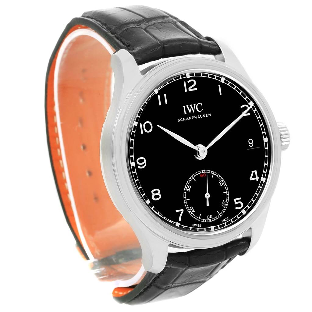 The image shows an oblique front view of an IWC Portuguese IW510202 Men's Stainless Steel Black Dial IW510202 Men's Stainless Steel Black Dial model watch with a black dial and a leather strap.