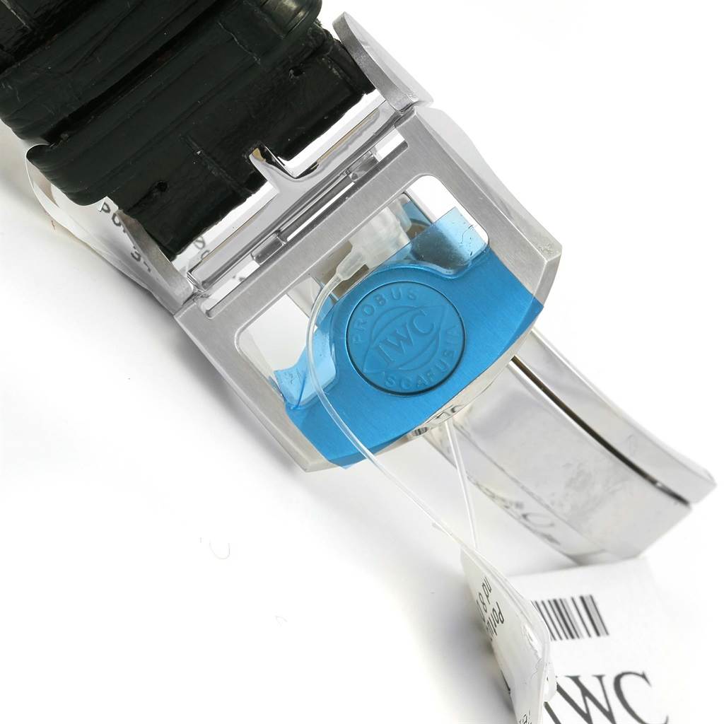 This image shows the clasp and part of the strap of an IWC Portuguese IW510202 Men's Stainless Steel Black Dial IW510202 Men's Stainless Steel Black Dial model watch from a close-up angle.