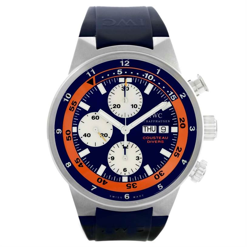 This is a front view of the IWC Aquatimer IW378101 Men's Stainless Steel Blue Dial IW378101 Men's Stainless Steel Blue Dial watch, showing the dial, bezel, three sub-dials, and pushers.