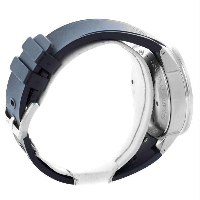 The image shows the side and back of an IWC Aquatimer IW378101 Men's Stainless Steel Blue Dial IW378101 Men's Stainless Steel Blue Dial watch, highlighting the strap, buckle, and case back.