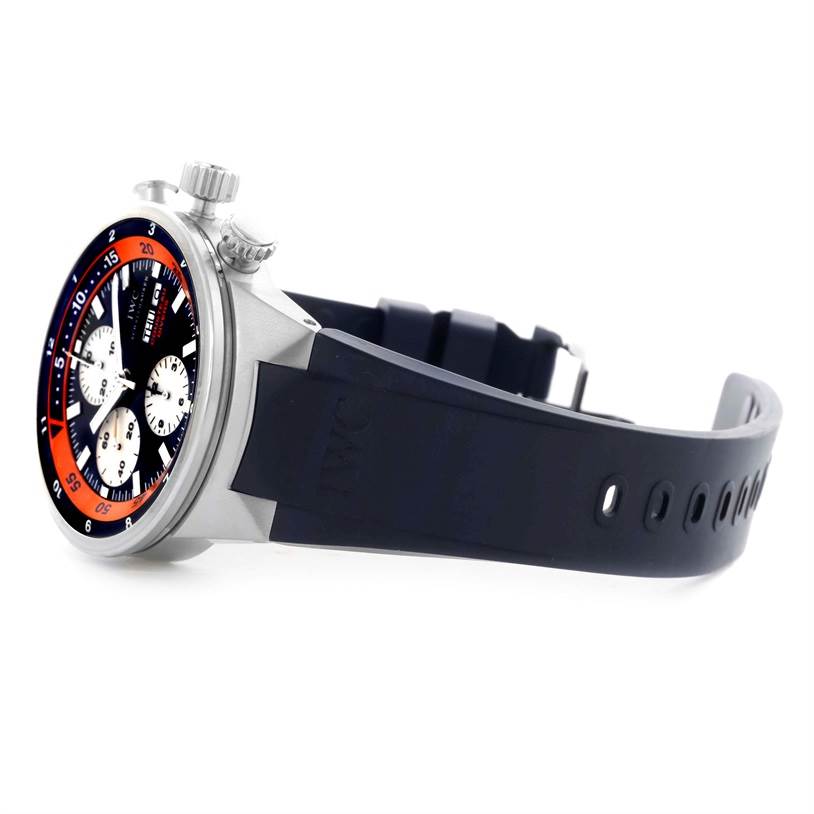 This image shows an IWC Aquatimer IW378101 Men's Stainless Steel Blue Dial IW378101 Men's Stainless Steel Blue Dial watch from a side angle, highlighting its bezel, case, strap, and crown.