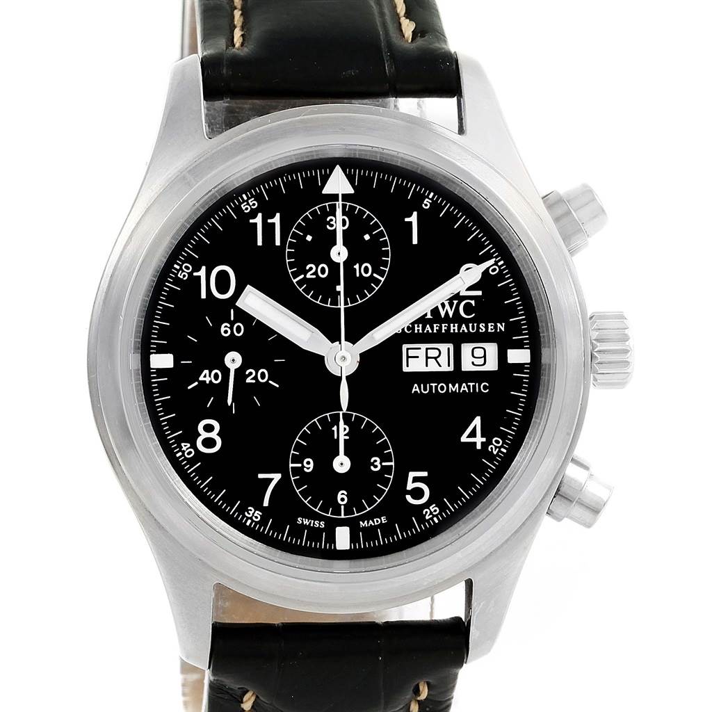 This image shows a front view of the IWC Pilot IW370603 Men's Stainless Steel Black Dial IW370603 Men's Stainless Steel Black Dial model watch, highlighting its black dial, chronograph subdials, and leather strap.