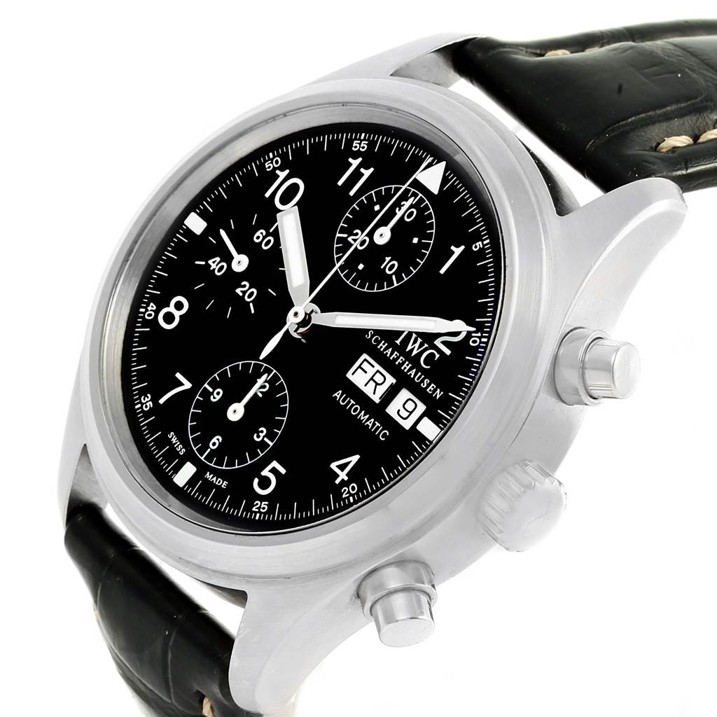 The image shows a close-up angle of the IWC Pilot IW370603 Men's Stainless Steel Black Dial IW370603 Men's Stainless Steel Black Dial watch, highlighting its face, subdials, and crown with pushers.