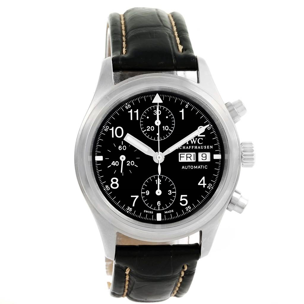 The image shows a front view of the IWC Pilot IW370603 Men's Stainless Steel Black Dial IW370603 Men's Stainless Steel Black Dial model watch, featuring its black dial, three subdials, and black leather strap.