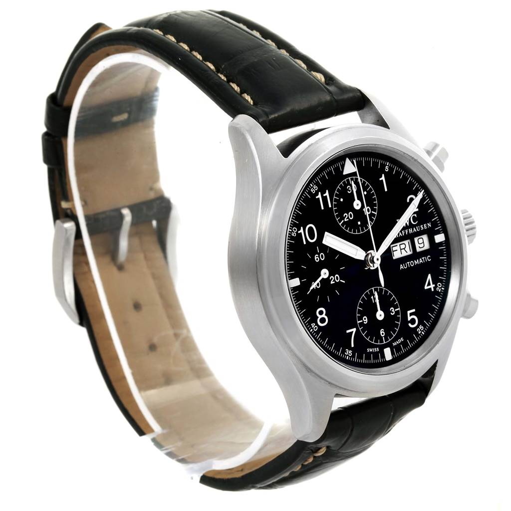 The image shows an IWC Pilot IW370603 Men's Stainless Steel Black Dial IW370603 Men's Stainless Steel Black Dial model watch at an angle that reveals the face, bezel, strap, and side profile.