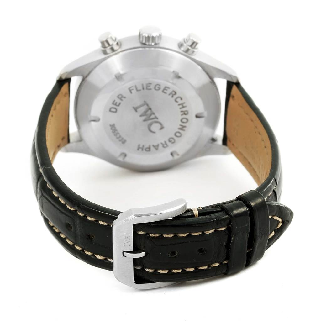 This image shows the back case and strap of the IWC Pilot IW370603 Men's Stainless Steel Black Dial IW370603 Men's Stainless Steel Black Dial model watch.