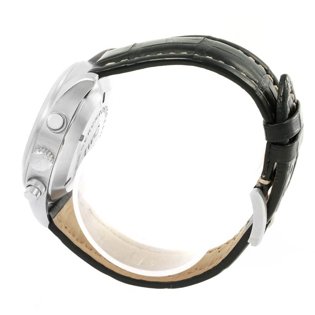 This image shows the side view of an IWC Pilot IW370603 Men's Stainless Steel Black Dial IW370603 Men's Stainless Steel Black Dial model watch, highlighting the crown, pusher, and leather strap.