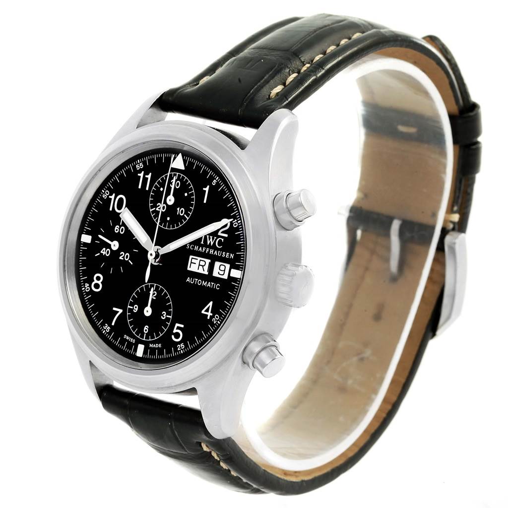 The IWC Pilot IW370603 Men's Stainless Steel Black Dial IW370603 Men's Stainless Steel Black Dial model watch is shown at a slight angle, displaying its black dial, chronograph subdials, and leather strap.
