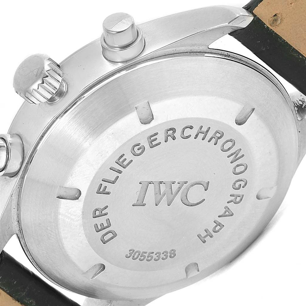 This image shows the back casing, crown, and pushers of an IWC Pilot IW370603 Men's Stainless Steel Black Dial IW370603 Men's Stainless Steel Black Dial model watch.