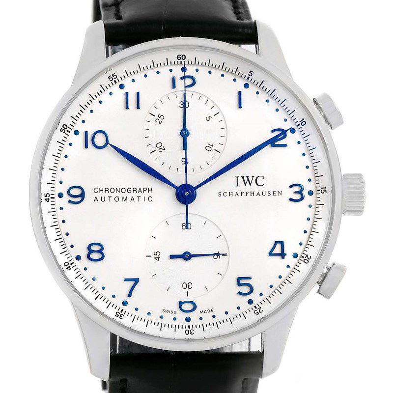 The image shows a front view of the IWC Portuguese Chronograph Automatic watch, highlighting its face, hands, and a portion of the leather strap.