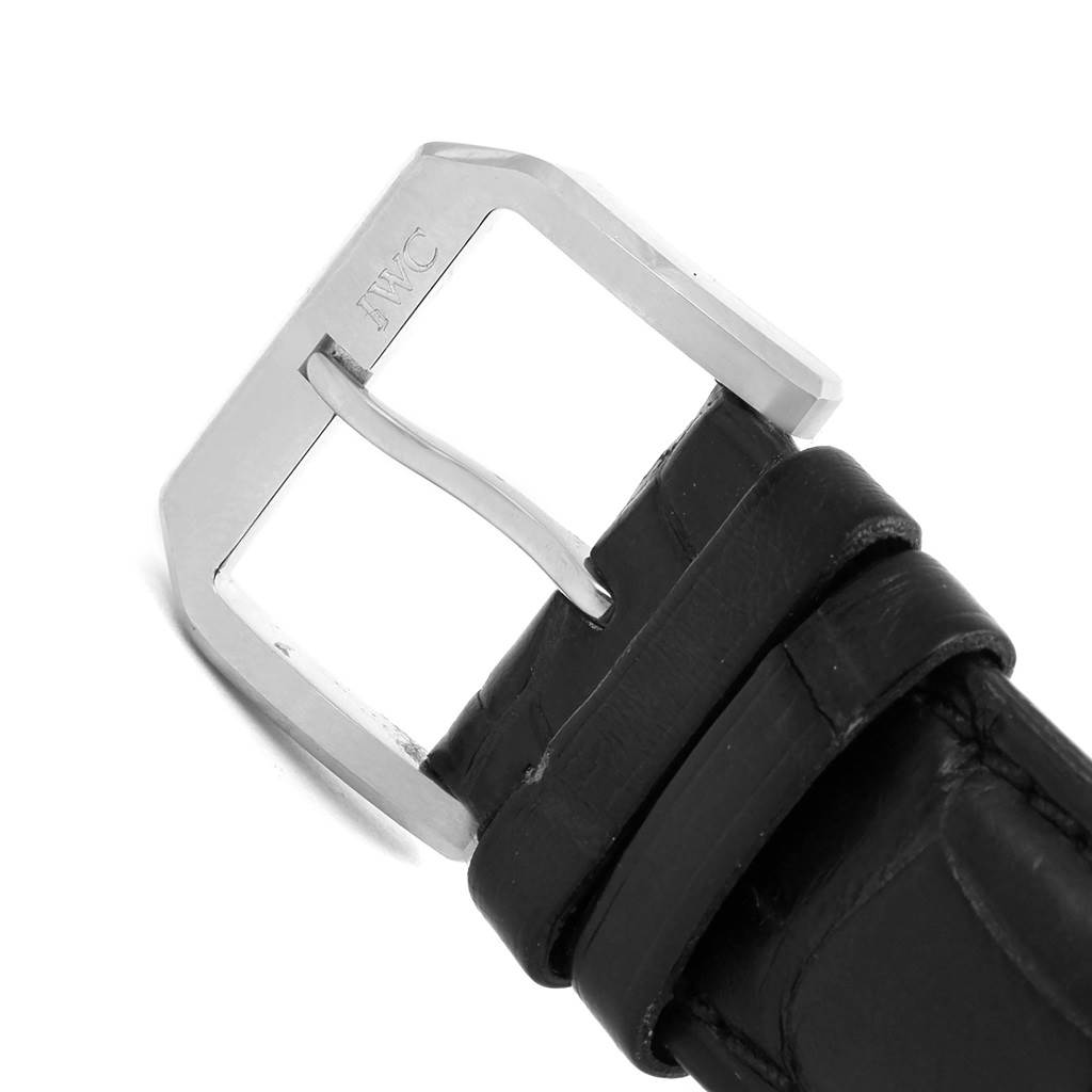 This image shows the buckle and part of the leather strap of an IWC Portuguese IW371417 Men's Stainless Steel Silver Dial IW371417 Men's Stainless Steel Silver Dial model watch from a close-up angle.