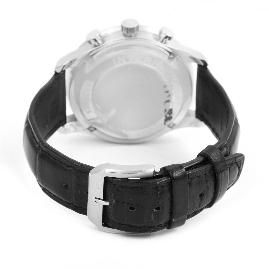 The image shows the back view of an IWC Portuguese IW371417 Men's Stainless Steel Silver Dial IW371417 Men's Stainless Steel Silver Dial watch, including the back case and leather strap with buckle.