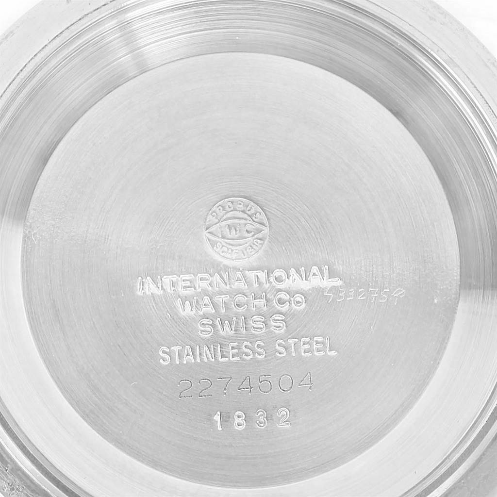 The image shows the case back of the IWC Ingenieur 1832 Stainless Steel Silver Dial 1832 Stainless Steel Silver Dial watch with inscriptions indicating the brand, material, and serial numbers.
