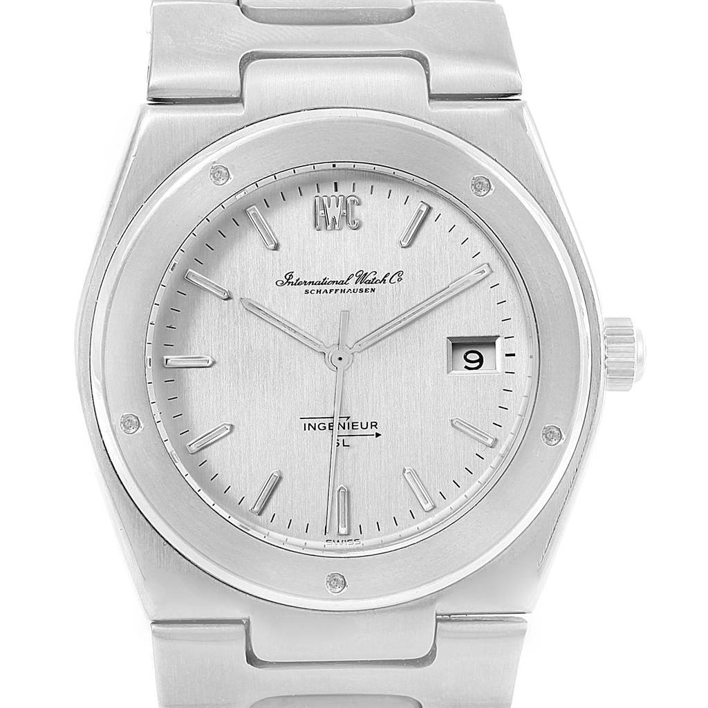 The image shows a frontal view of an IWC Ingenieur 1832 Stainless Steel Silver Dial 1832 Stainless Steel Silver Dial watch, highlighting its dial, bezel, and integrated bracelet.