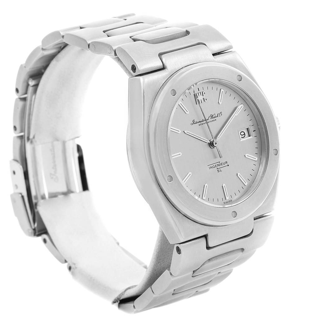 The image shows a side angle of an IWC Ingenieur 1832 Stainless Steel Silver Dial 1832 Stainless Steel Silver Dial watch, highlighting the face, bezel, and metal bracelet.