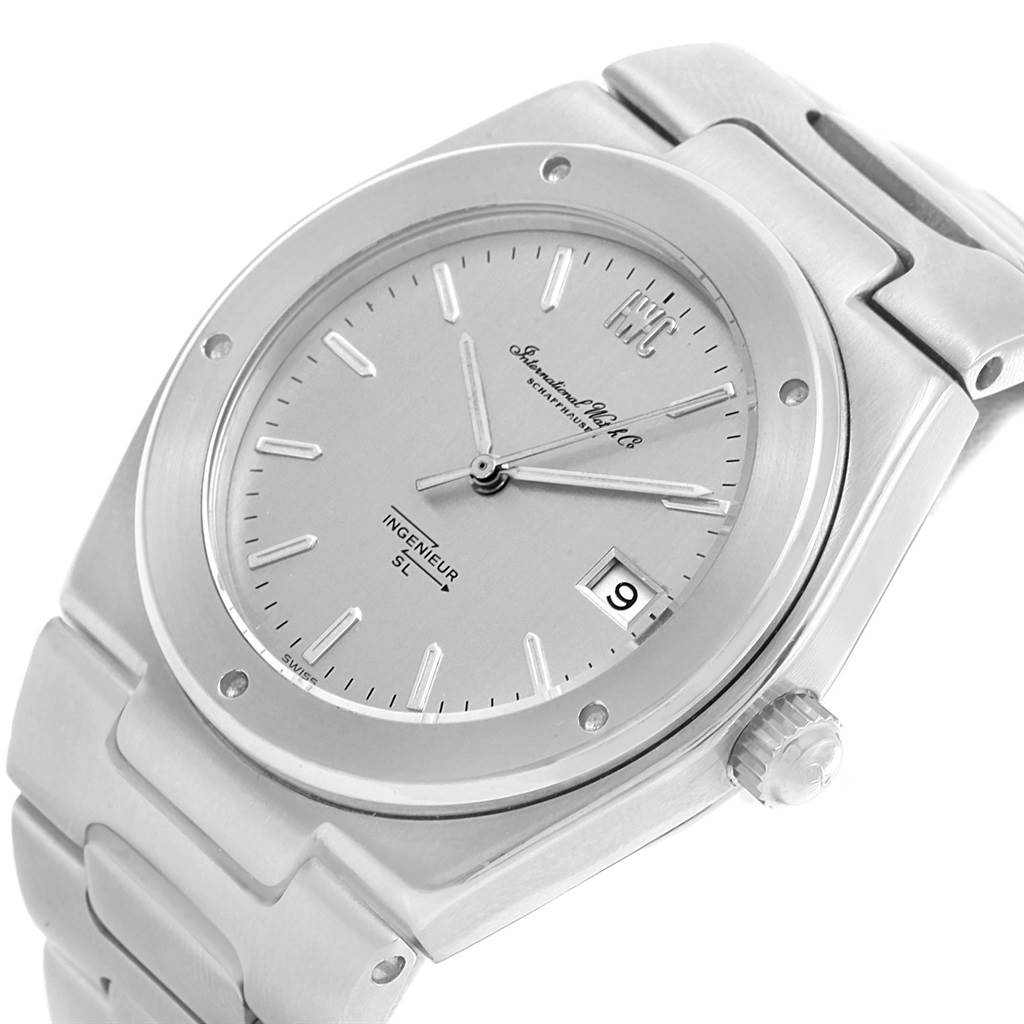 The image shows the face and part of the bracelet of an IWC Ingenieur 1832 Stainless Steel Silver Dial 1832 Stainless Steel Silver Dial watch, featuring a silver dial with date display at an angle.
