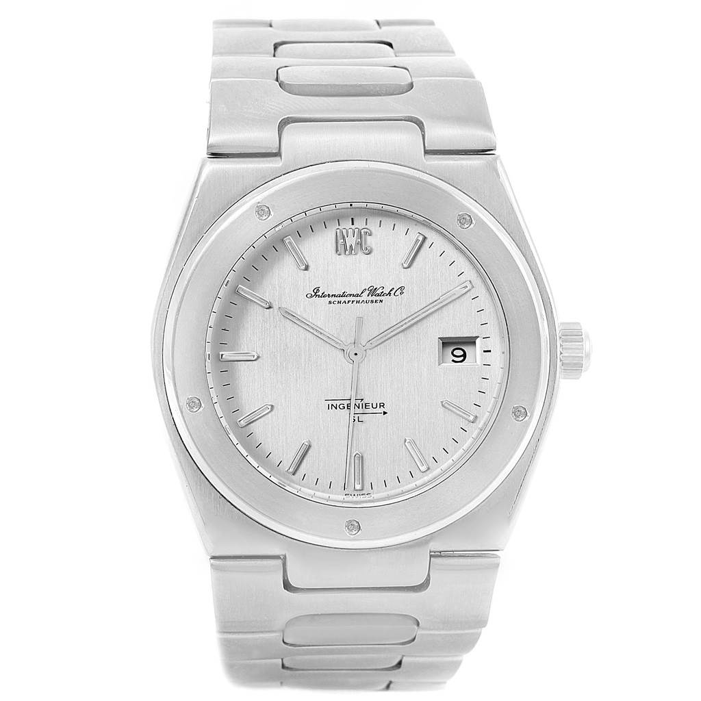 This image shows a front view of the IWC Ingenieur 1832 Stainless Steel Silver Dial 1832 Stainless Steel Silver Dial watch, displaying the full face, dial, bracelet, and date window.