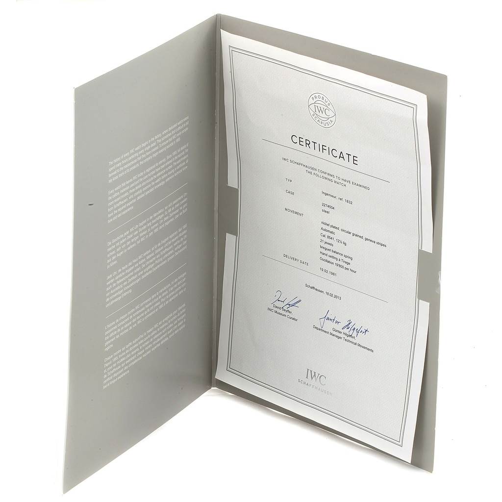 The image shows the certificate for the IWC Ingenieur 1832 Stainless Steel Silver Dial 1832 Stainless Steel Silver Dial watch, displayed inside an open folder.