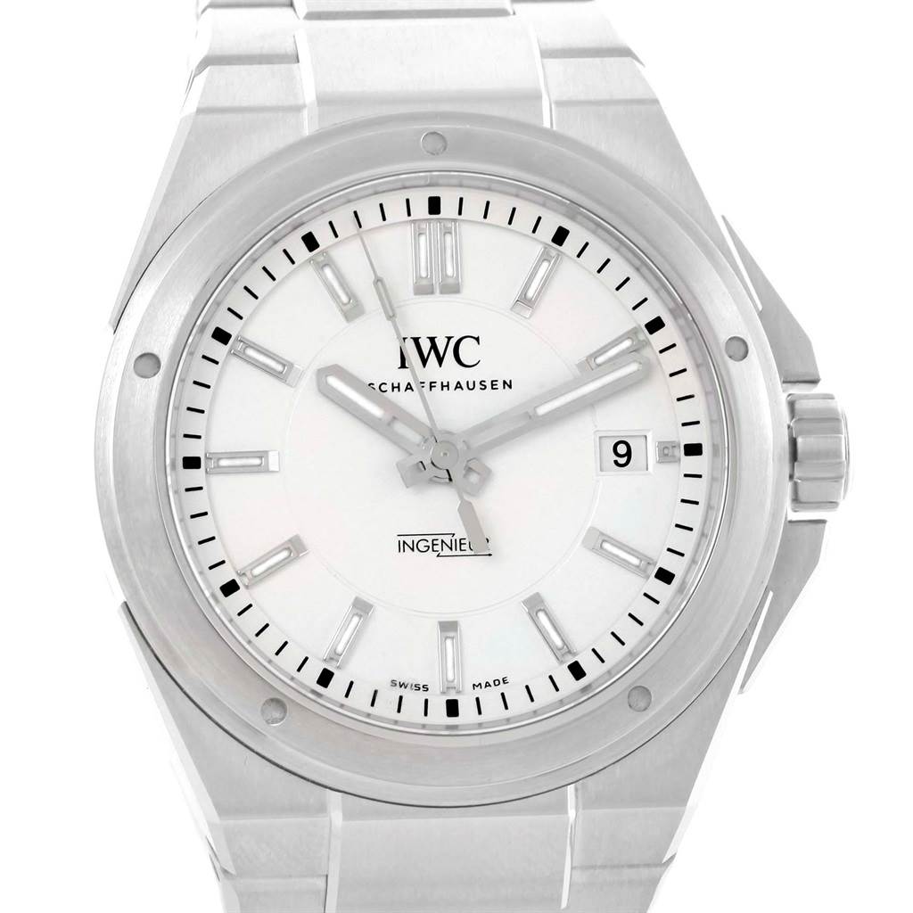The image shows a frontal view of an IWC Ingenieur IW323904 Men's Stainless Steel Silver Dial IW323904 Men's Stainless Steel Silver Dial watch, displaying its face, bezel, crown, and bracelet.