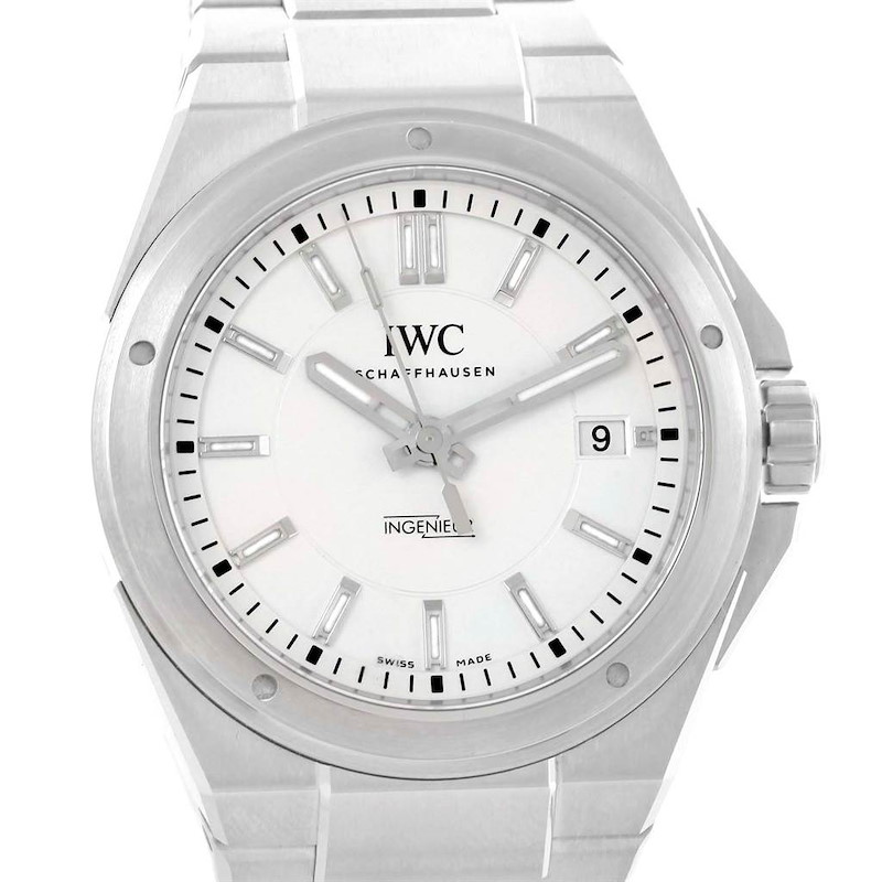 The image shows a frontal view of an IWC Ingenieur watch, displaying its face, bezel, crown, and bracelet.