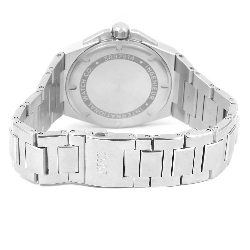 The image shows the back view of an IWC Ingenieur IW323904 Men's Stainless Steel Silver Dial IW323904 Men's Stainless Steel Silver Dial watch, focusing on the case back and metal bracelet.