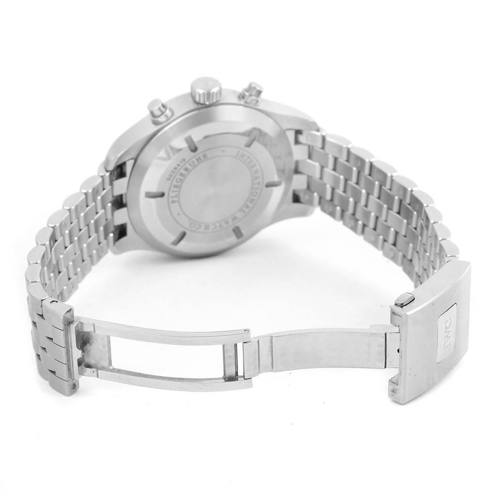 The image shows the back and bracelet clasp of the IWC Pilot IW377704 Men's Stainless Steel Black Dial IW377704 Men's Stainless Steel Black Dial watch from an angled side view.