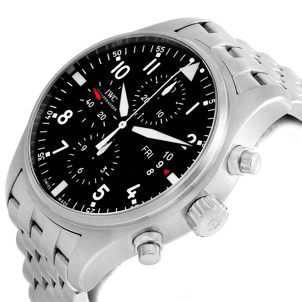 The IWC Pilot IW377704 Men's Stainless Steel Black Dial IW377704 Men's Stainless Steel Black Dial watch is shown at a tilted angle, displaying the dial, crown, chronograph pushers, and part of the bracelet.