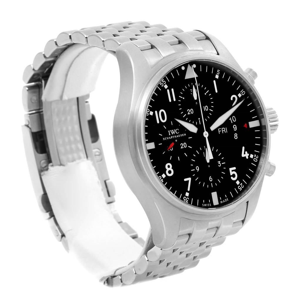 The image shows an angled side view of the IWC Pilot IW377704 Men's Stainless Steel Black Dial IW377704 Men's Stainless Steel Black Dial model watch, highlighting the face, case, and metal bracelet.