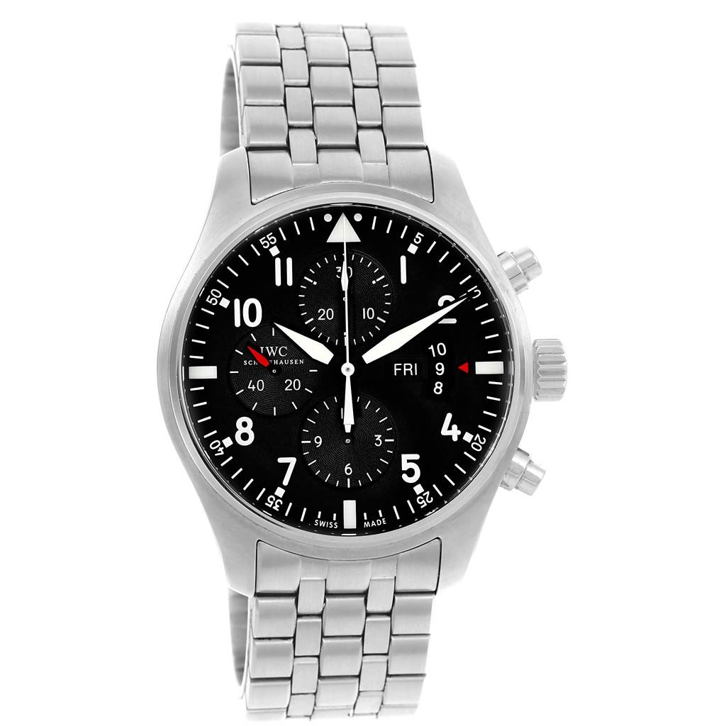 The image shows a front view of the IWC Pilot IW377704 Men's Stainless Steel Black Dial IW377704 Men's Stainless Steel Black Dial watch, highlighting its dial, buttons, and stainless steel bracelet.