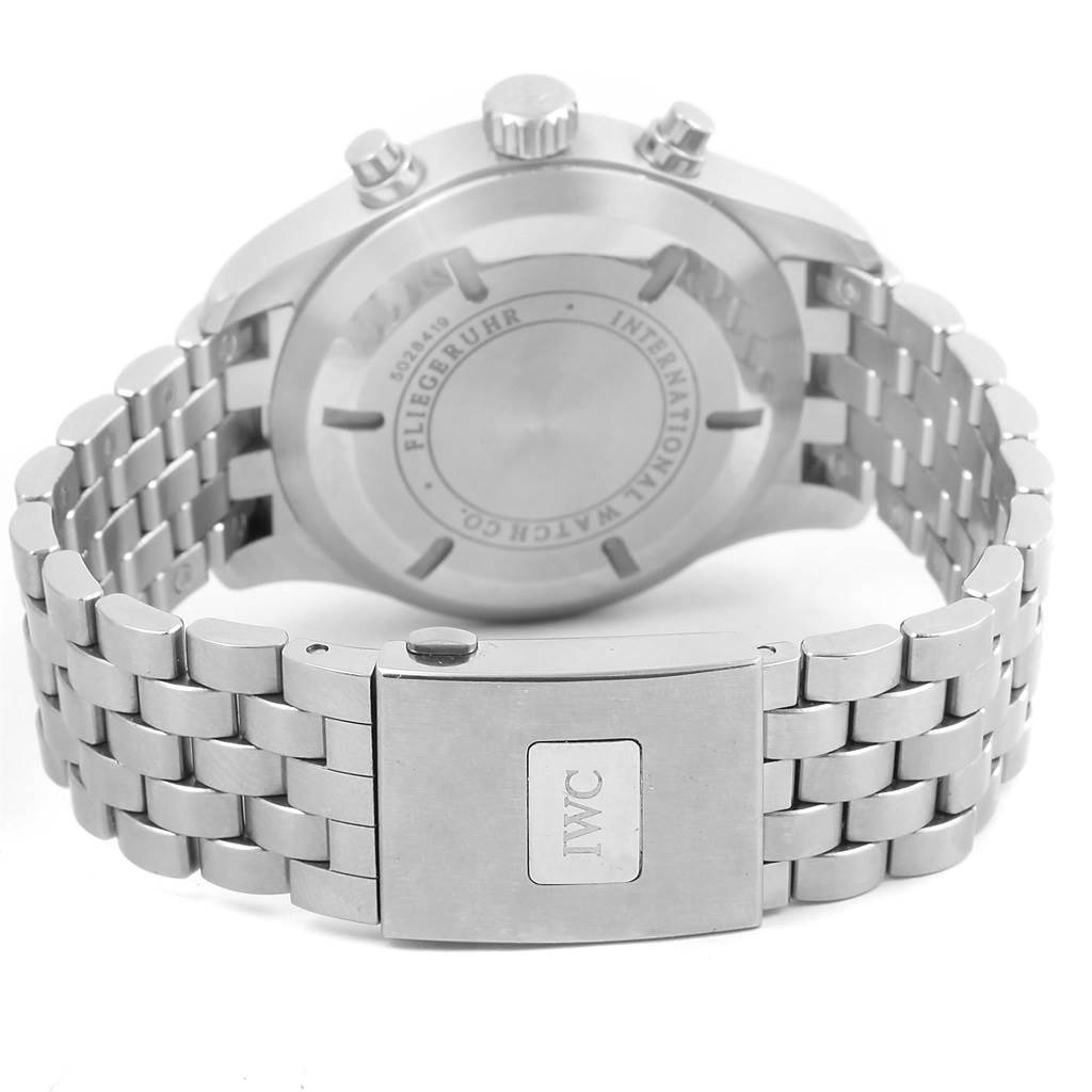 The image shows the back case and metal bracelet of the IWC Pilot IW377704 Men's Stainless Steel Black Dial IW377704 Men's Stainless Steel Black Dial model watch from a rear angle.