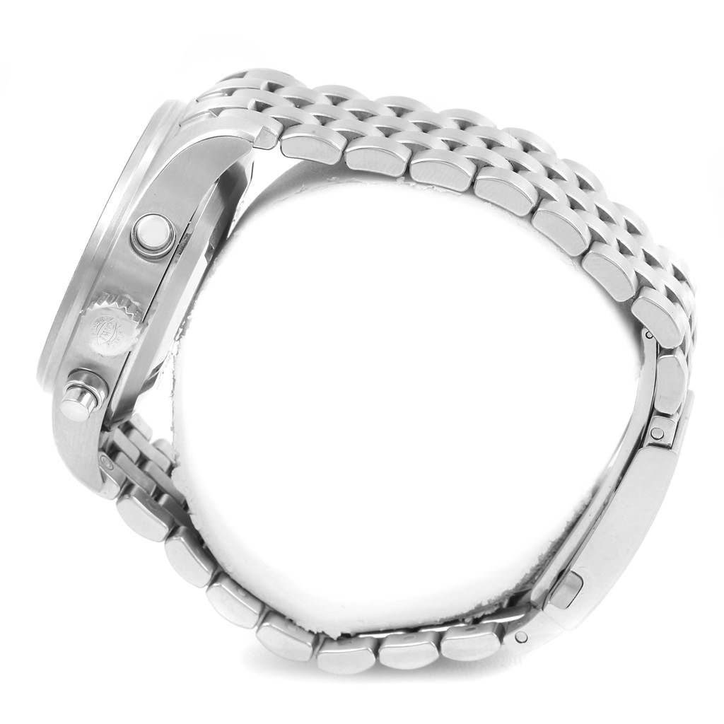 This image shows a side view of the IWC Pilot IW377704 Men's Stainless Steel Black Dial IW377704 Men's Stainless Steel Black Dial model watch, focusing on the case, crown, and metal bracelet.