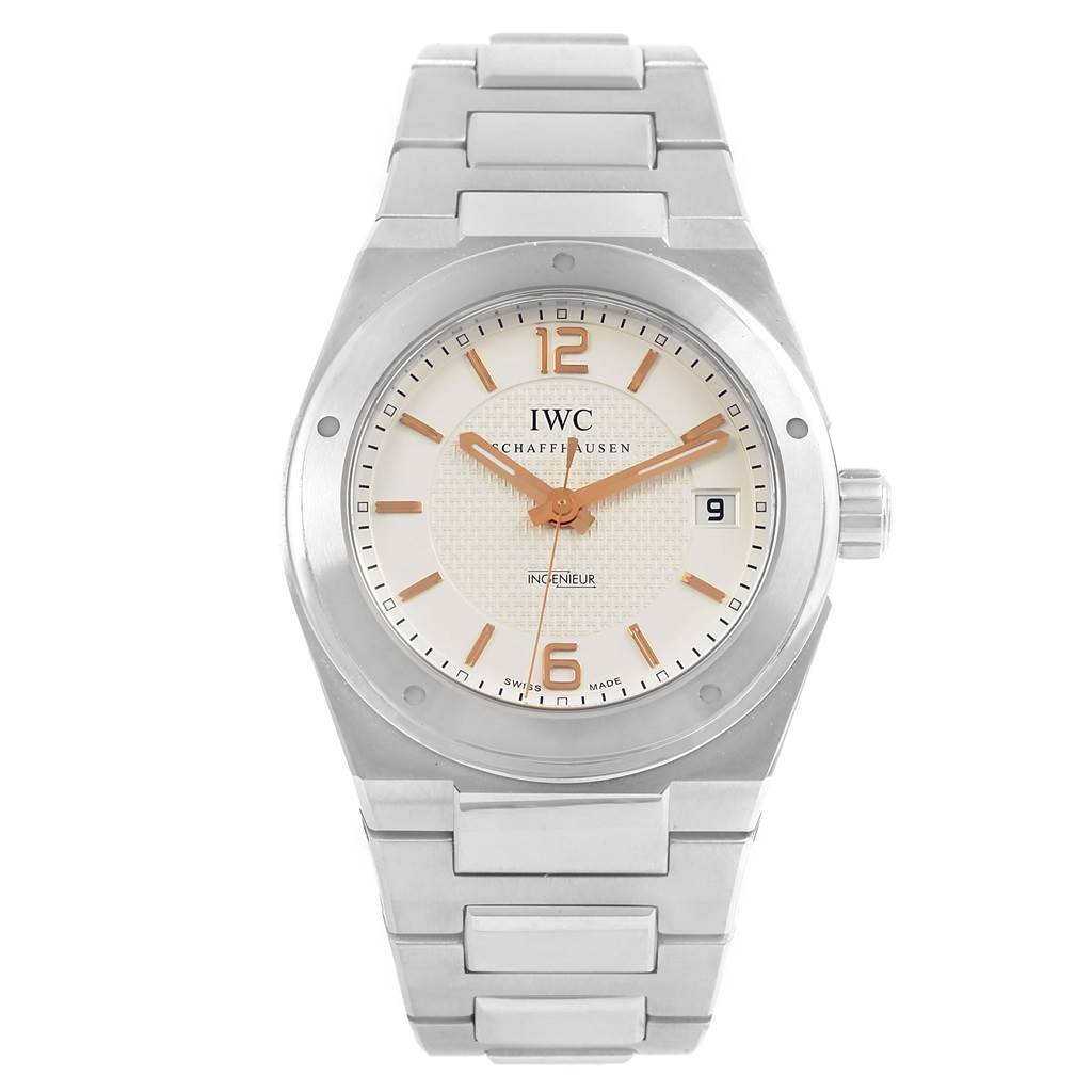 The image shows a frontal view of an IWC Ingenieur IW322801 Men's Stainless Steel Silver Dial IW322801 Men's Stainless Steel Silver Dial watch with its dial, hands, case, and bracelet clearly visible.