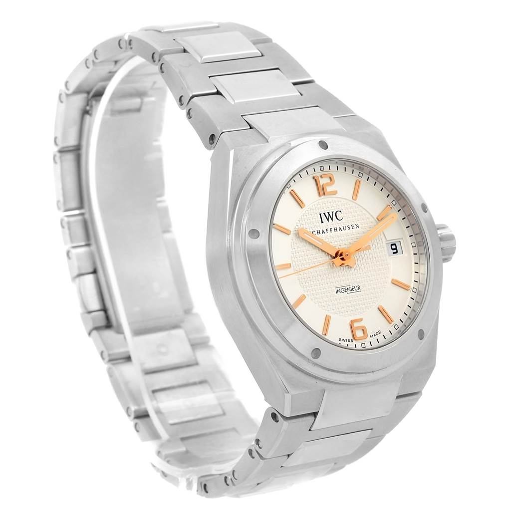 The image shows a side and front-angle view of an IWC Ingenieur IW322801 Men's Stainless Steel Silver Dial IW322801 Men's Stainless Steel Silver Dial watch, featuring the watch face, bezel, crown, and metal bracelet.