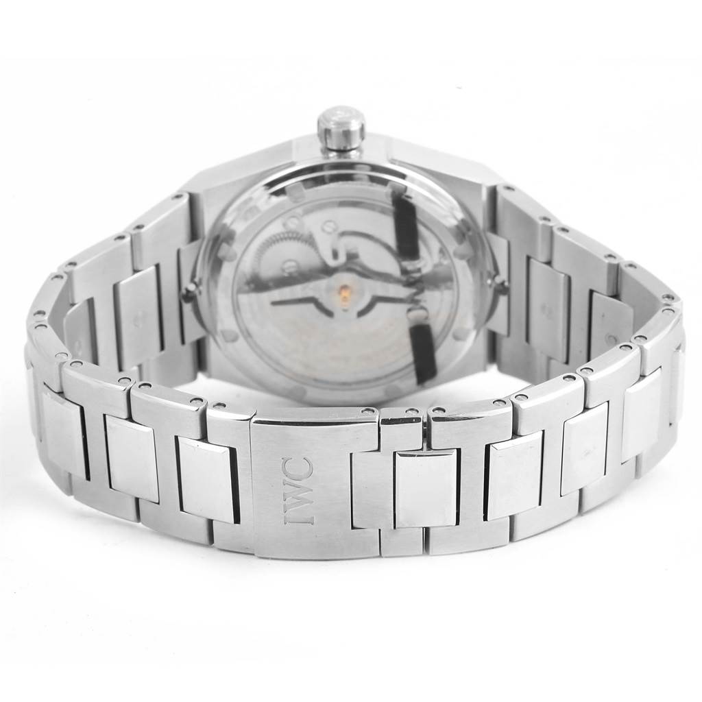 The image shows the back view of an IWC Ingenieur IW322801 Men's Stainless Steel Silver Dial IW322801 Men's Stainless Steel Silver Dial watch, showcasing the metal bracelet and transparent case back.