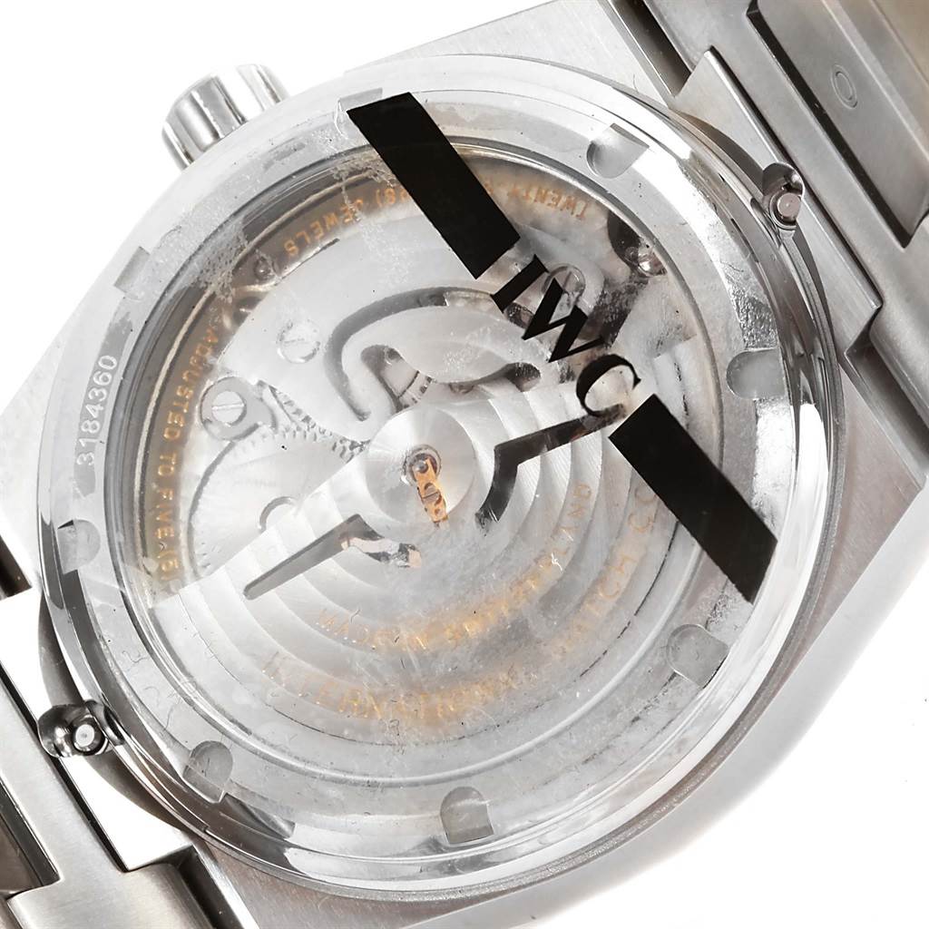 This image shows the back view of an IWC Ingenieur IW322801 Men's Stainless Steel Silver Dial IW322801 Men's Stainless Steel Silver Dial watch, highlighting its transparent case back and mechanical movement.