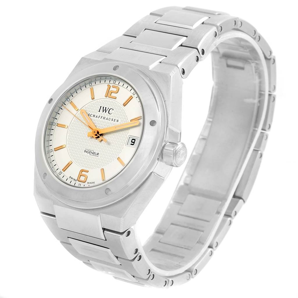 The image shows an IWC Ingenieur IW322801 Men's Stainless Steel Silver Dial IW322801 Men's Stainless Steel Silver Dial watch at an angled view, displaying the face, bezel, and bracelet.
