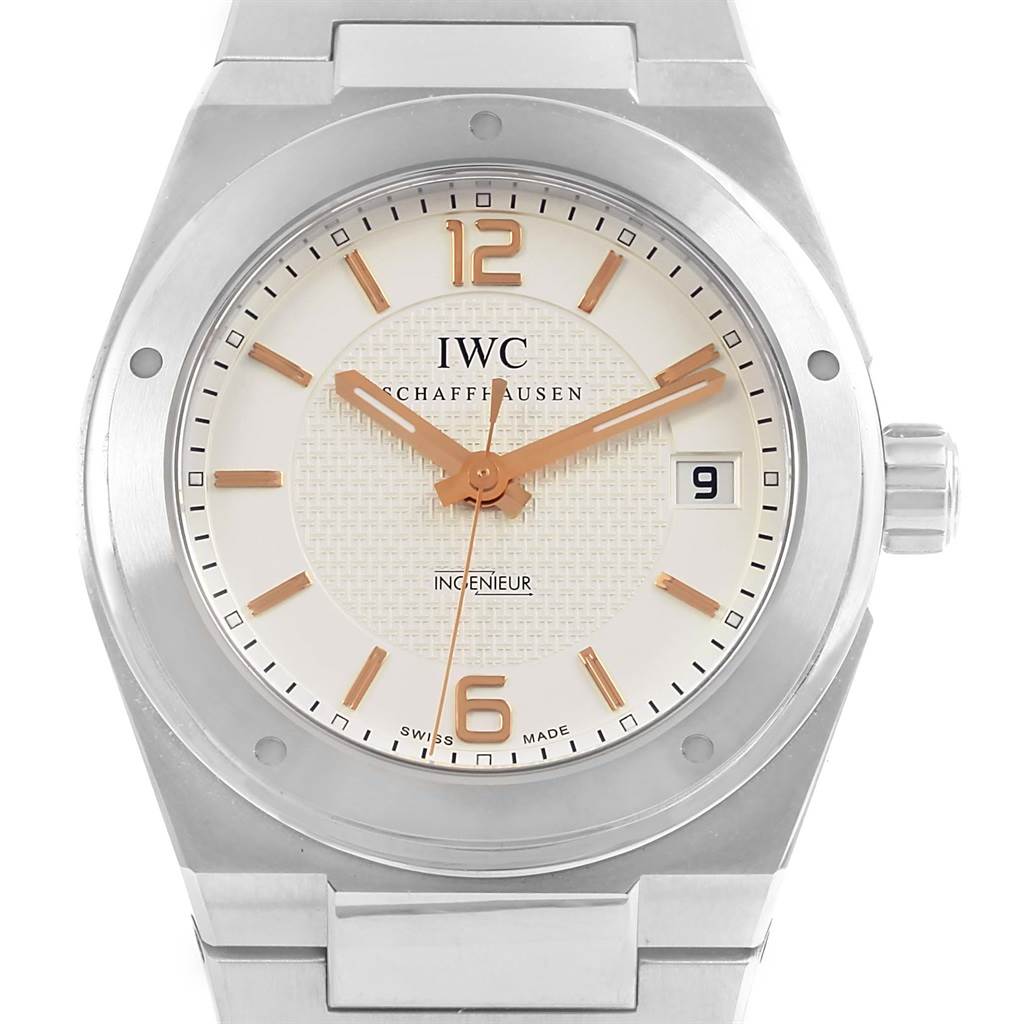The image shows a front view of the IWC Ingenieur IW322801 Men's Stainless Steel Silver Dial IW322801 Men's Stainless Steel Silver Dial watch, featuring its dial, hands, date display, and part of the bracelet.