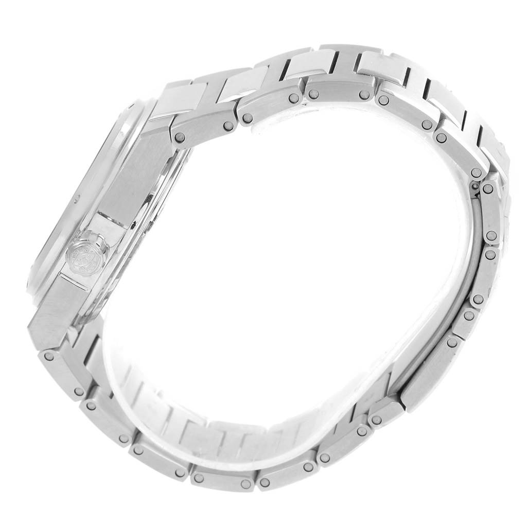 This side-view of the IWC Ingenieur IW322801 Men's Stainless Steel Silver Dial IW322801 Men's Stainless Steel Silver Dial watch shows the case and bracelet in a partially closed position.